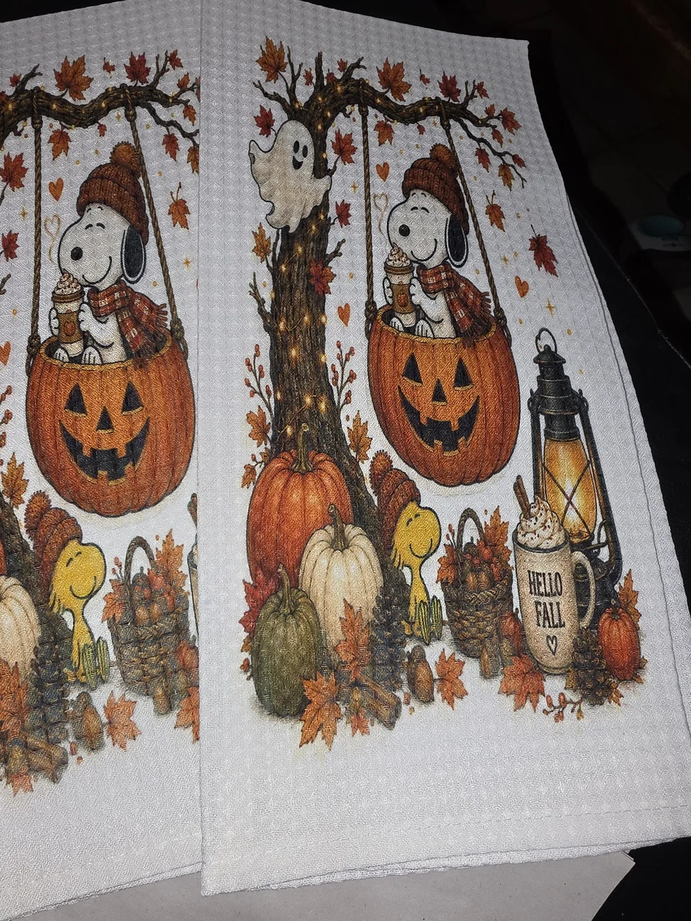 Snoopy & Woodstock Halloween Hand Towels - Orange Pumpkin Design